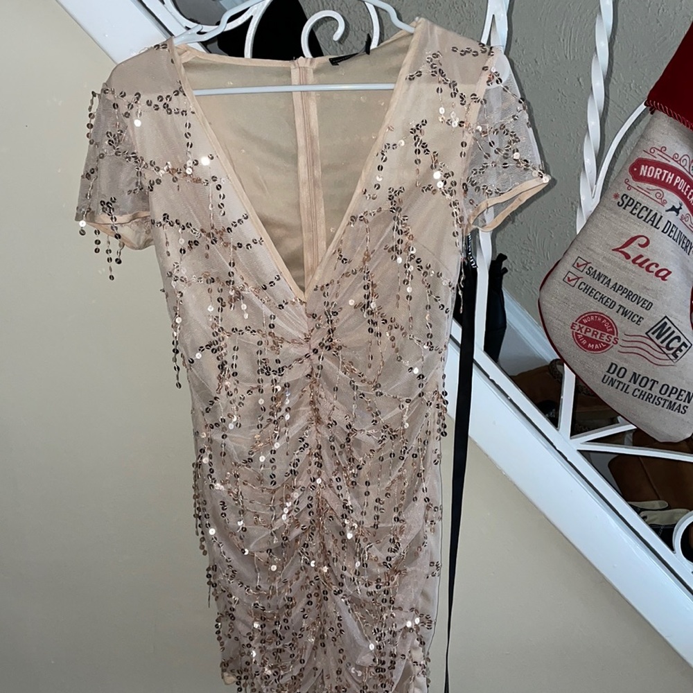 PLT nude ruched sequin dress